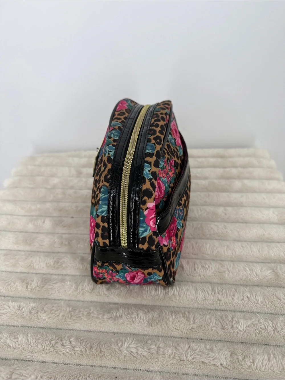 Betsey Johnson Leopard Floral Cosmetic Pouch - Pink, Teal & Brown